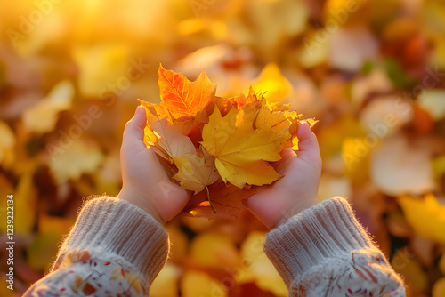 Childa??s Hands Gathering Colorful Autumn Leaves at Sunset photo