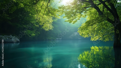 Serene Green Forest River Landscape Scene