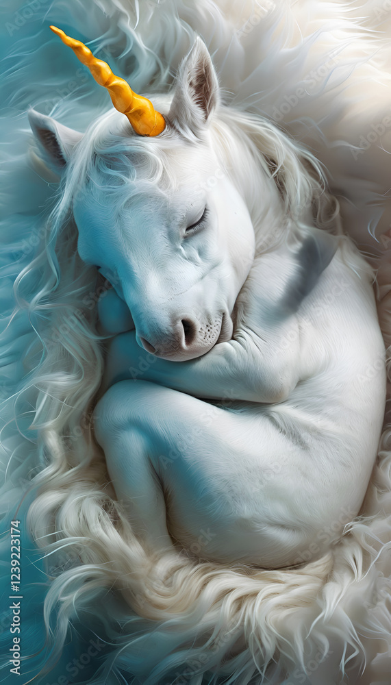 cutest white Unicorn baby with orange horn sleeping on fur cover. Digital artwork. Ai generated