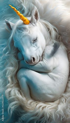Obraz na płótnie cutest white Unicorn baby with orange horn sleeping on fur cover. Digital artwork. Ai generated w salonie