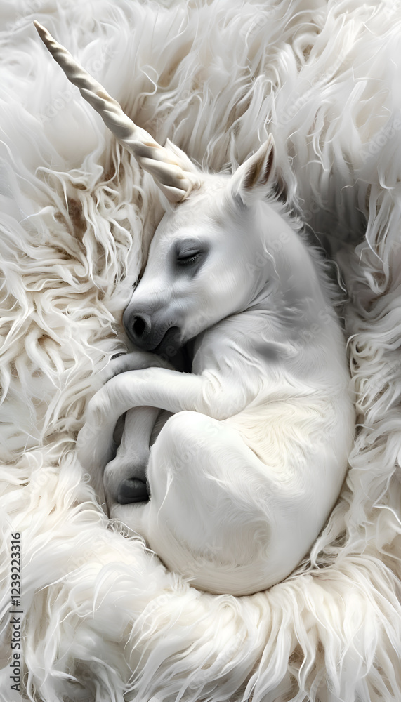 cutest white Unicorn baby sleeping on fur cover. Digital artwork. Ai generated