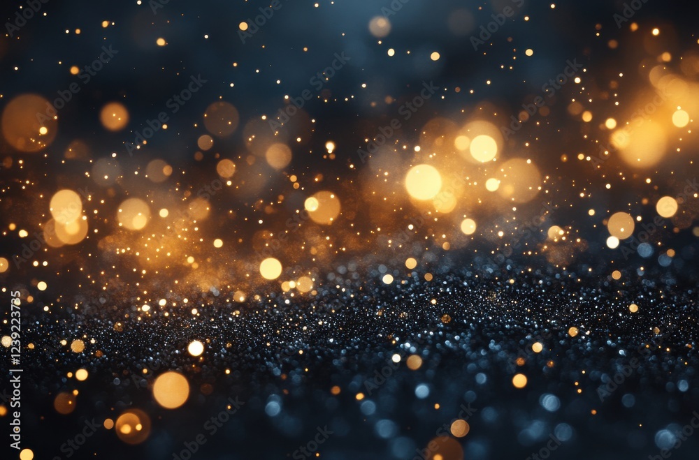Obraz premium Beautiful abstract background with shimmering golden bokeh lights and glittering particles creating a magical and festive atmosphere in dark tones.