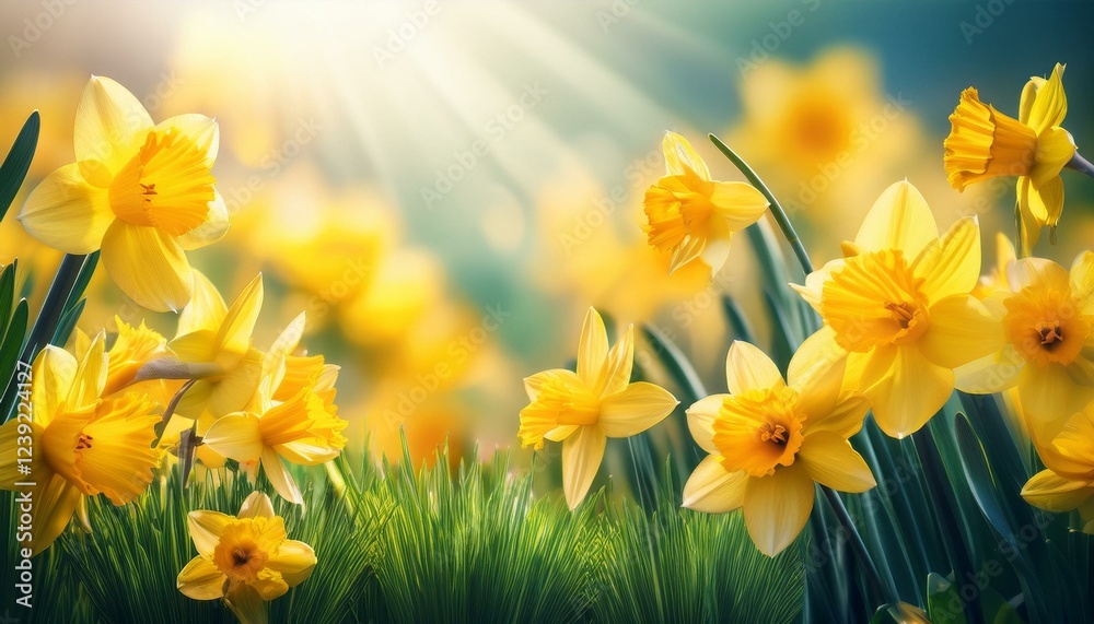 Fototapeta premium yellow daffodils on green meadow