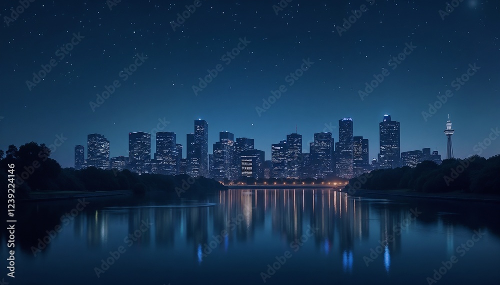 Obraz premium A modern city skyline with all buildings dark, reflecting on a calm river under a clear starry night, clean and tranquil composition