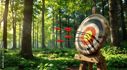 Archery practice takes place in a tranquil forest setting surrounded by trees. Generative AI