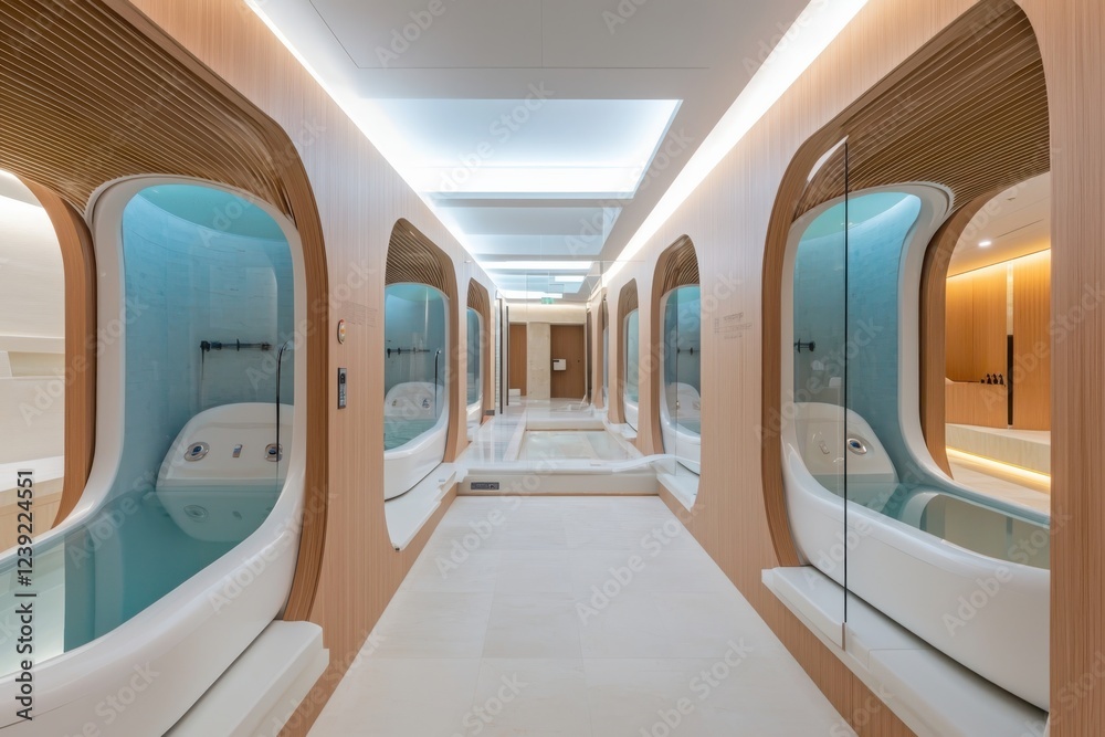 Obraz premium Rejuvenating relaxation retreat elegant spa wellness center serene environment advanced technology floating pods and ambient gigapixels