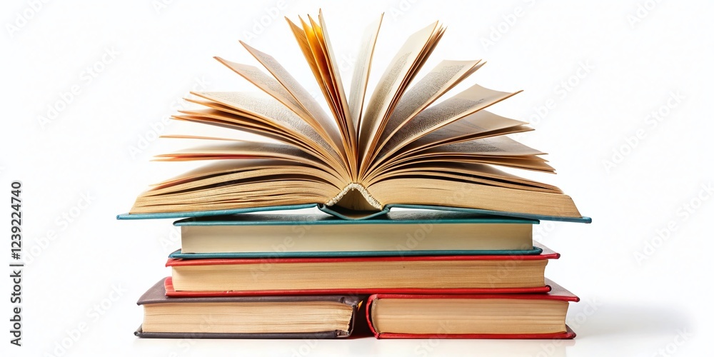 Naklejka premium Stack of Books and Open Book on White Background - Education, Learning, Reading Concept