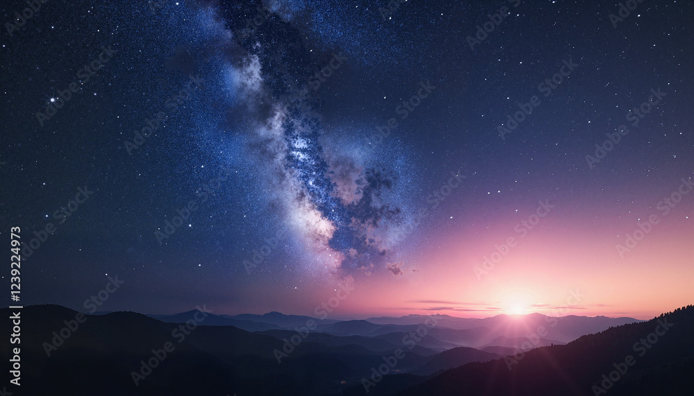 Milky Way galaxy over mountain landscape at sunrise Milky Way galaxy over mountain landscape at sunrise