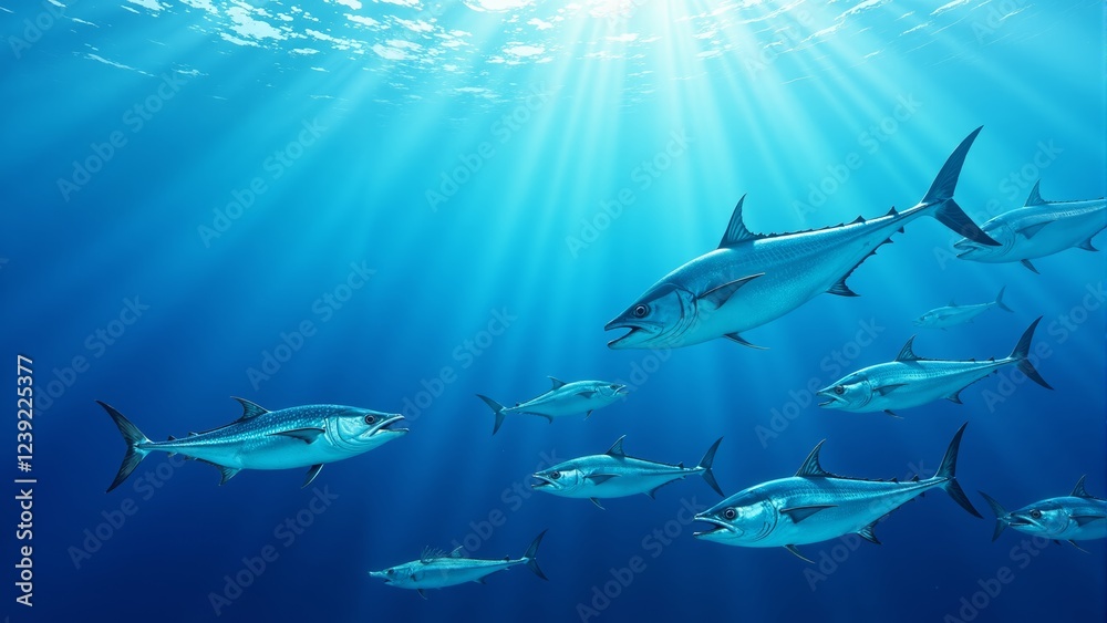 Obraz premium School of fish gracefully swimming through sunlit ocean waters beneath the surface