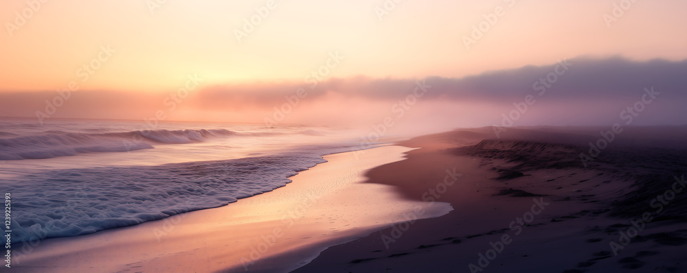 Serene beach at sunset with soft waves and gentle mist enveloping the shoreline. Serene beach at sunset with soft waves and gentle mist enveloping the shoreline.