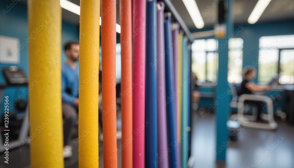 Colorful poles in modern gym with exercise equipment Colorful poles in modern gym with exercise equipment