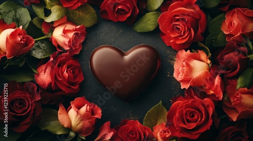 Heart Shaped Chocolate and Red Roses Valentine's Day