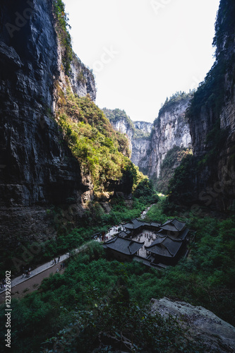 Ancient Inn at Three Natural Bridges Wulong Karst in Wulong City China.Wulong Karst Geopark is a UNESCO World Heritage site famed for its spectacular karst landscapes