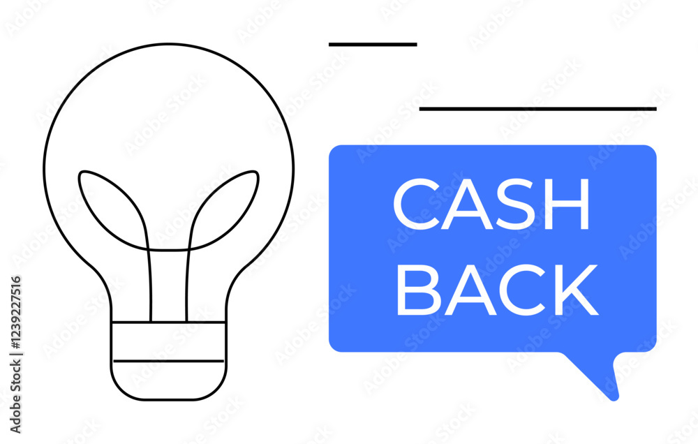Outline of light bulb next to blue dialogue box with Cash Back text. Ideal for marketing, ecommerce, rewards, finance, innovation, creativity, advertising. Abstract line flat metaphor Outline of light bulb next to blue dialogue box with Cash Back text. Ideal for marketing, ecommerce, rewards, finance, innovation, creativity, advertising. Abstract line flat metaphor
