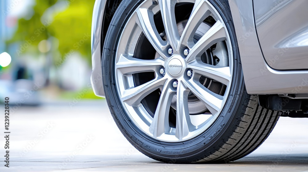 Close-up car alloy wheel, urban street background, transportation