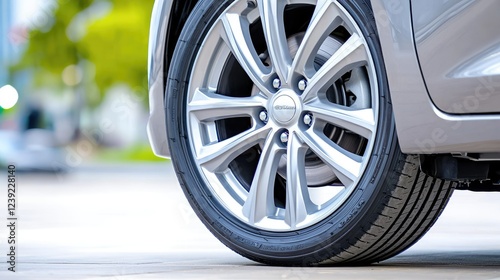 Close-up car alloy wheel, urban street background, transportation