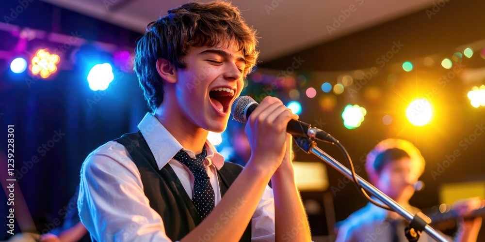School students performing in harmony at a talent show, stage lights, and instruments School students performing in harmony at a talent show, stage lights, and instruments