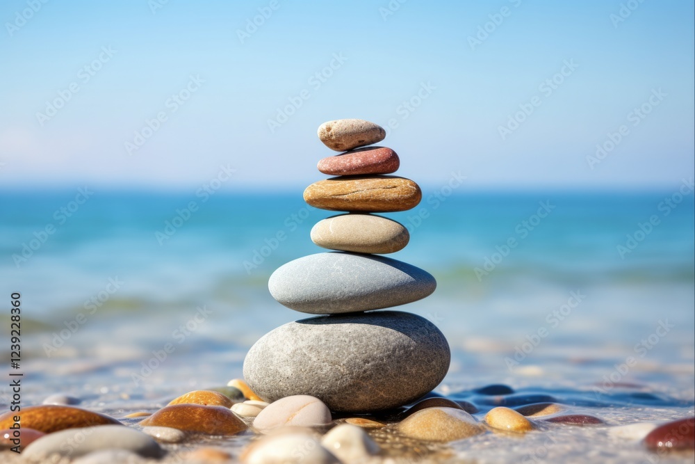 Pile of Pebbles on a Calming Beach with Blue Ocean Water Background. A Balanced Stack of Zen Stones Creating a Still Life Scene Pile of Pebbles on a Calming Beach with Blue Ocean Water Background. A Balanced Stack of Zen Stones Creating a Still Life Scene