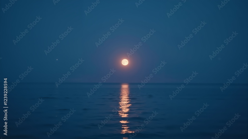 Fototapeta premium Bright moonlight casts shimmering reflections on calm ocean waters during a tranquil night