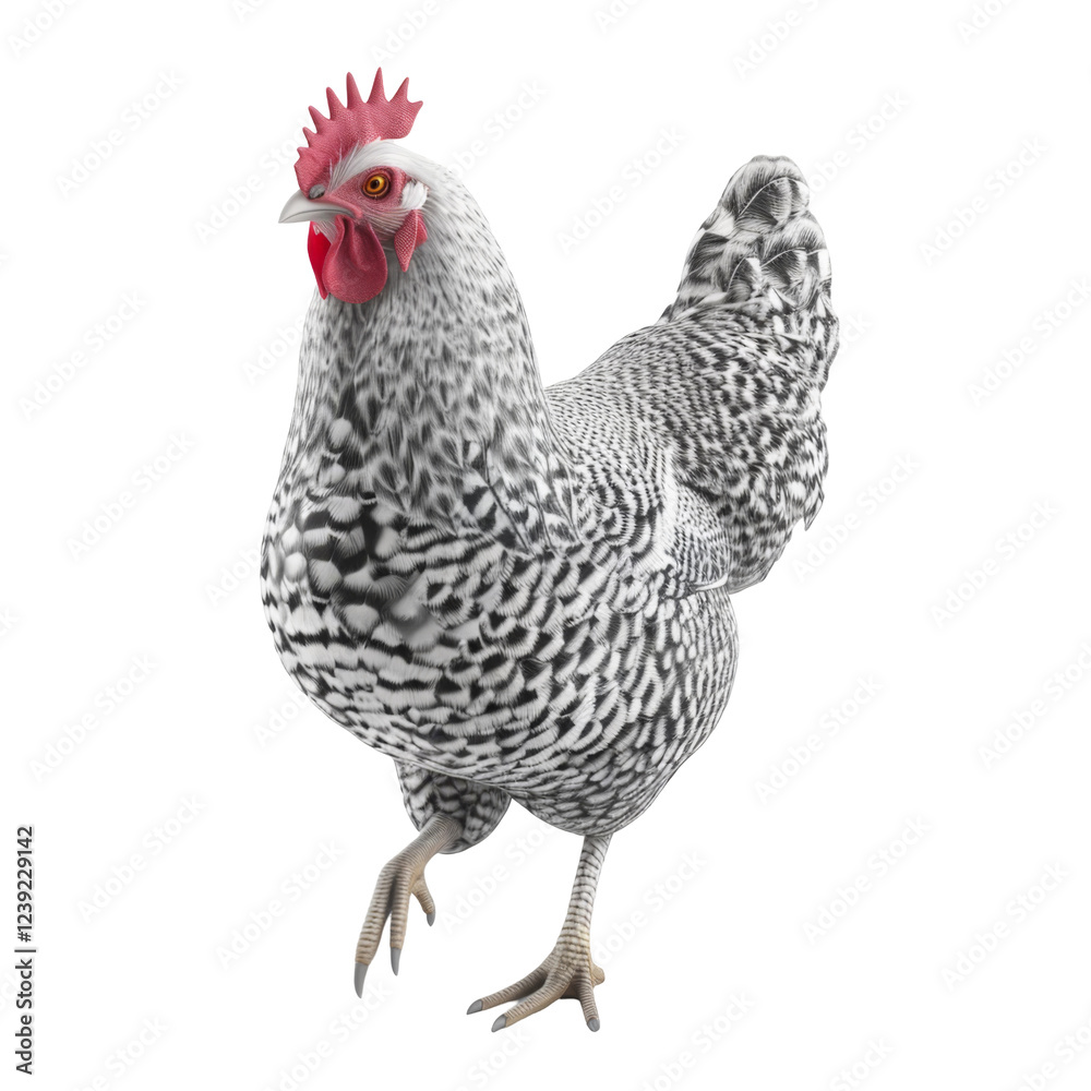 Fototapeta premium Detailed front view of majestic black and white chicken with red comb