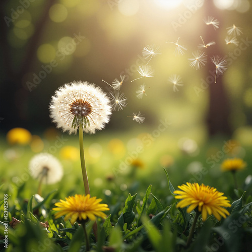 Dandelion seeds blowing in sunlit meadow with yellow flowers