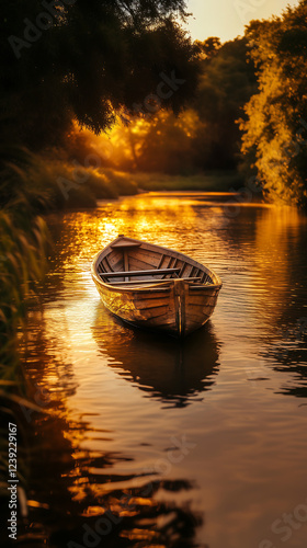 Serene sunset view of a wooden boat gently floating on a calm river. photo