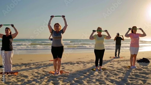 A group of elderly people practice sports on the beach, exercising with elastic bands in a class, promoting health and wellness in a serene natural setting.