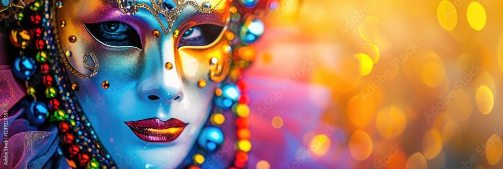 horizontal banner, fancy dress ball, portrait of a young woman in a golden carnival mask, bright shining blurred background, glitter and radiance, copy space, free space for text horizontal banner, fancy dress ball, portrait of a young woman in a golden carnival mask, bright shining blurred background, glitter and radiance, copy space, free space for text