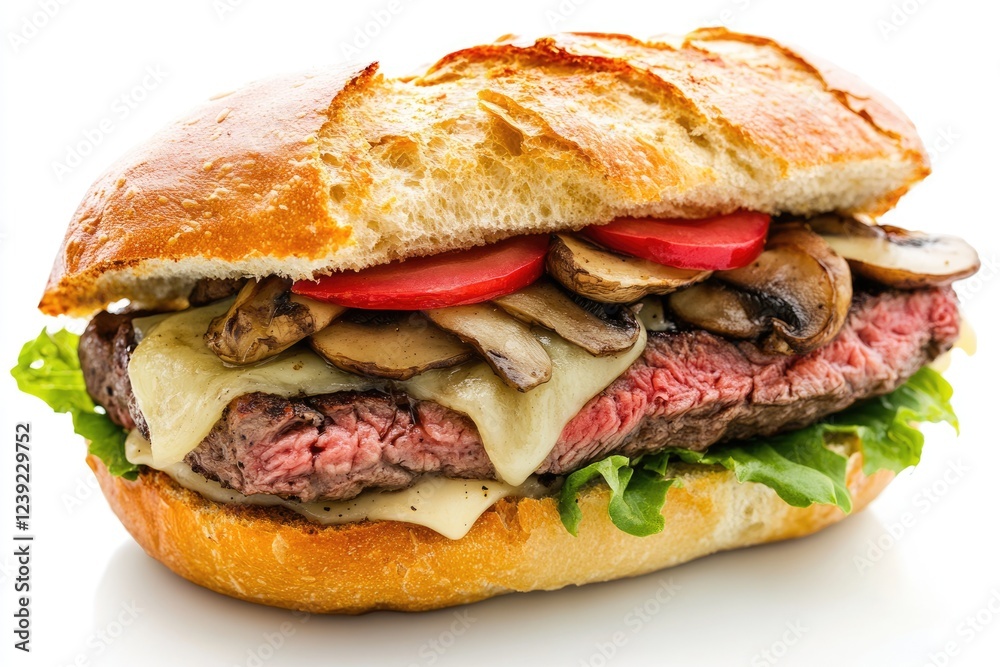 Savory Open Steak Sandwich Loaded with Juicy Beef, Sautéed Onions, Mushrooms, and Melted Provolone on Ciabatta - A Colorful Delight for Lunch or Snack Savory Open Steak Sandwich Loaded with Juicy Beef, Sautéed Onions, Mushrooms, and Melted Provolone on Ciabatta - A Colorful Delight for Lunch or Snack