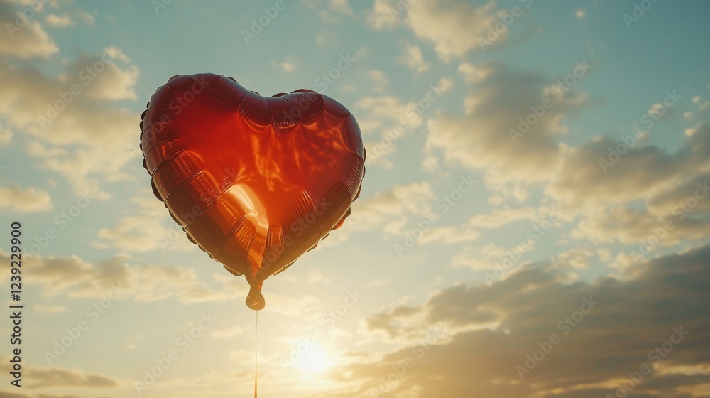 Fototapeta premium Red Heart Shaped Balloon Soaring in Sunset Sky