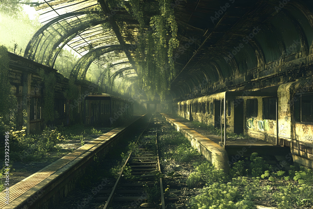 Abandoned Train Station with Overgrown Platforms Urban Decay Abandoned Train Station with Overgrown Platforms Urban Decay