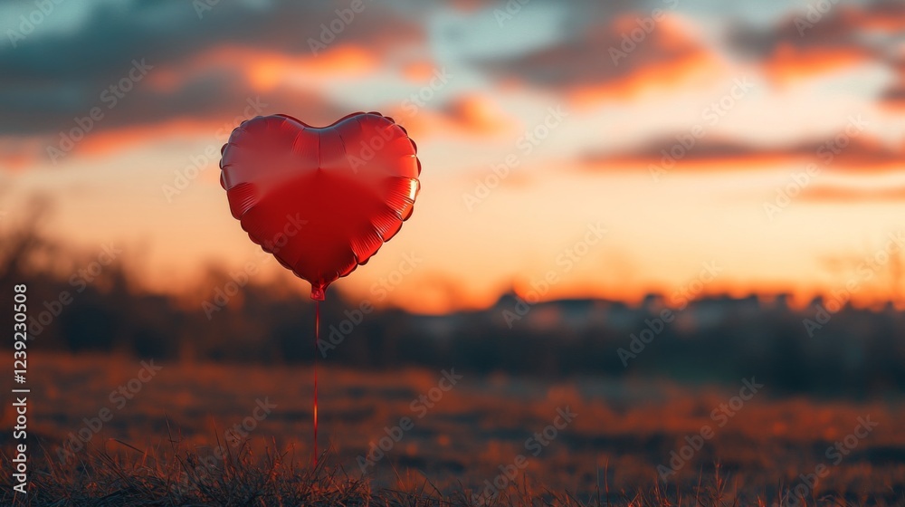 Obraz premium Red Heart Shaped Balloon at Sunset