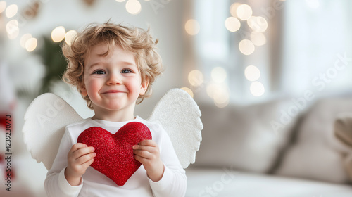 A cute boy dressed as Cupid, with a heart in his hands, embodying the love and happiness of Valentineâs Day. His innocent face and joyful expression bring warmth and affection, per photo