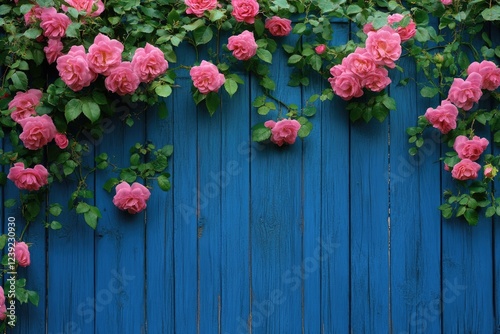 Pink Climbing Roses Adorning a Rustic Blue Wooden Gate in a Lush Garden Setting