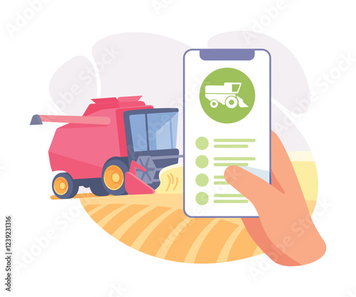Farming Technology with Hand Use Smartphone App Monitor Combine Work at Field Vector Illustration