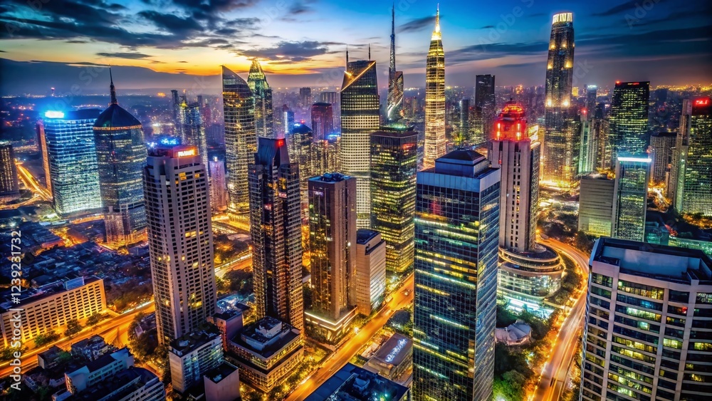 Obraz premium Stunning Night Cityscape: Illuminated Skyscrapers & Urban Lights