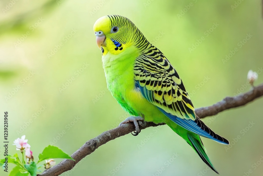 Charming Green Parakeet on Vibrant Blooming Tree: A Colorful Display of Nature's Beauty Charming Green Parakeet on Vibrant Blooming Tree: A Colorful Display of Nature's Beauty