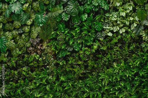 Fototapeta Naklejka Na Ścianę i Meble -  Close-up background of vibrant green leaves with rich textures, creating a bright and fresh natural atmosphere with an exotic botanical pattern.