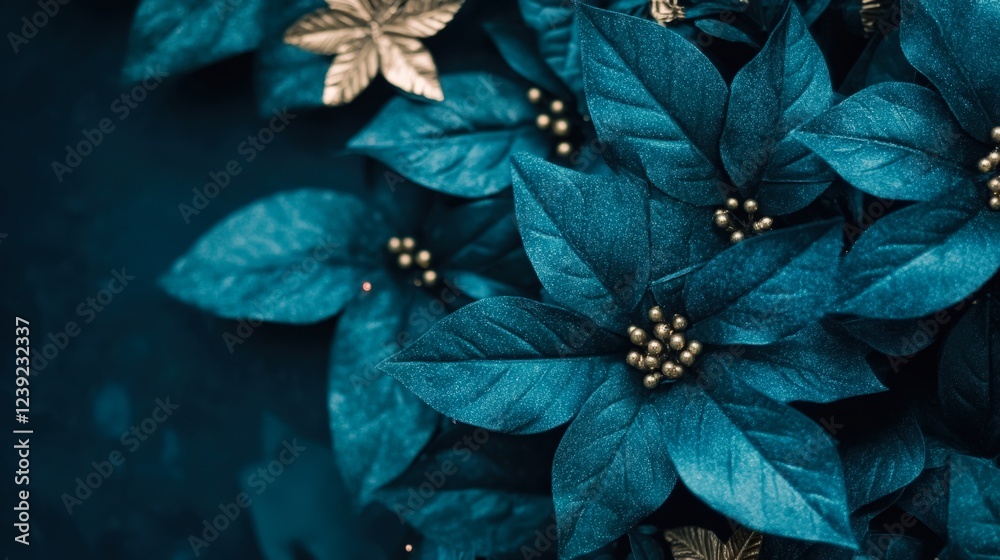 Obraz premium A close-up of vibrant teal leaves adorned with gold accents, perfect for seasonal decor, design projects, or backgrounds that evoke elegance and nature's beauty