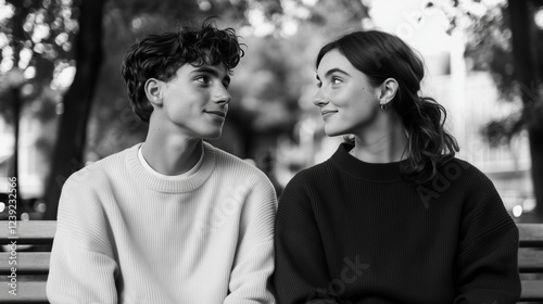 couple of young, attractive lovers sit nervously on a park bench, their first date filled with shy glances and awkward silences. The setting is peaceful, enhancing the nervous exci photo