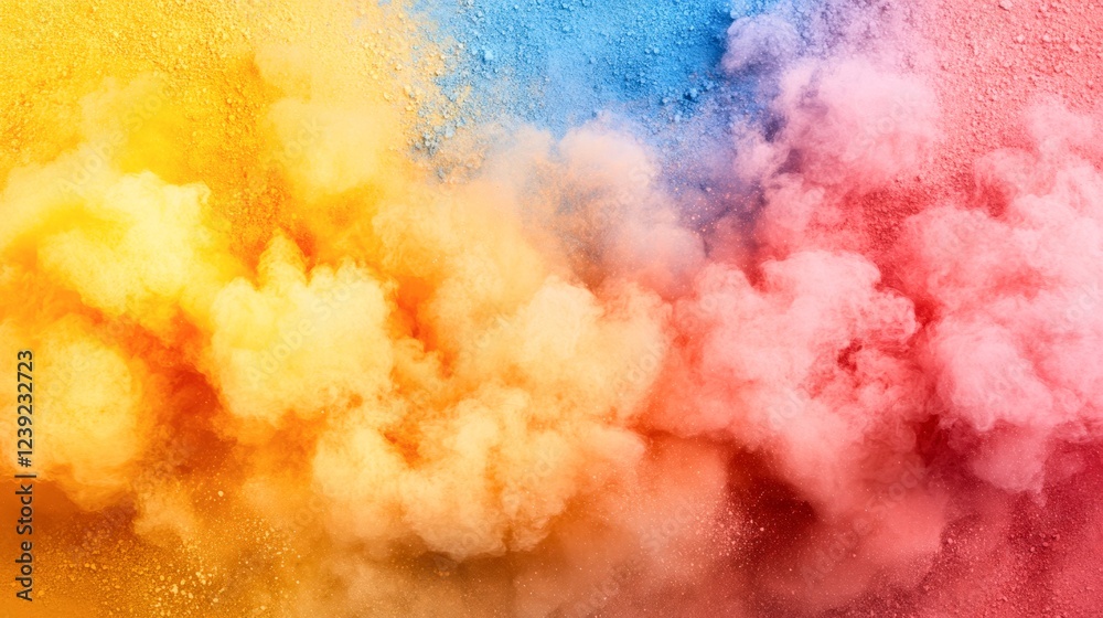 Fototapeta premium Vibrant colored powder explodes in a cloud of yellow, pink, and blue, creating an artistic backdrop ideal for creative projects, events, or celebration promotions, Use in marketing, social media