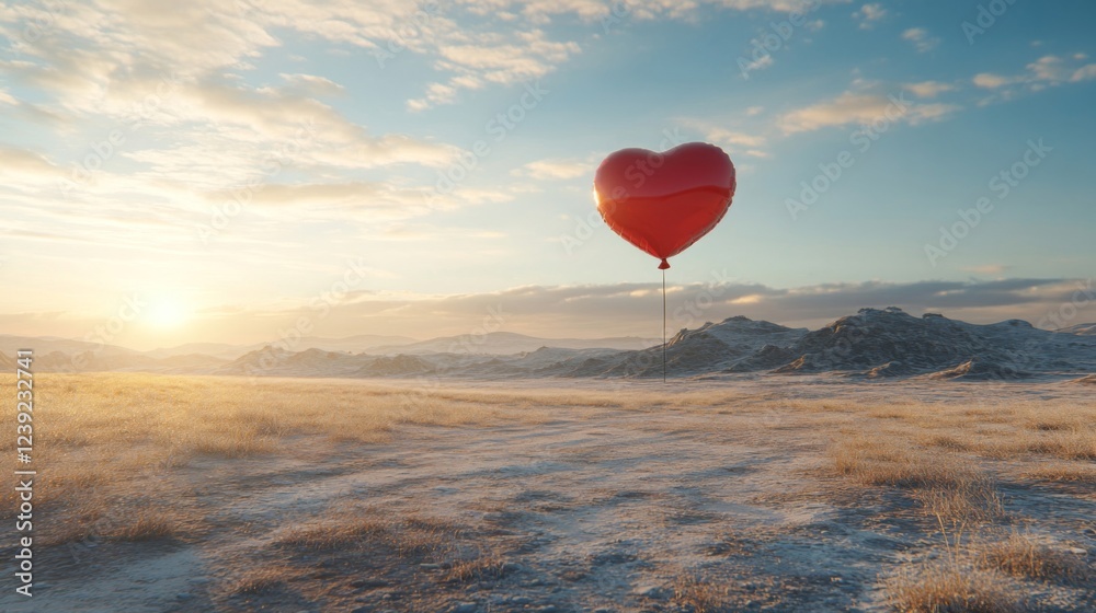 Fototapeta premium Red Heart Shaped Balloon Soaring Over Snowy Landscape at Sunrise