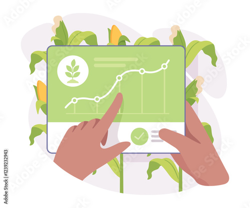 Farming Technology with Hand Use Tablet App Monitor Crop Growing Vector Illustration