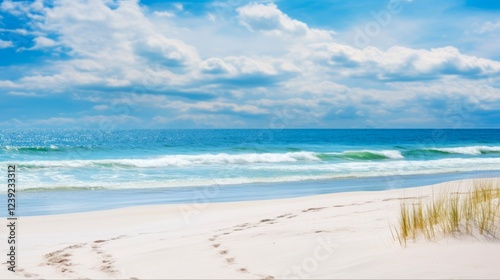 Scenic Gulf Coast Beaches of Alabama: A Serene and Colorful View of the Sea, Sand, and Blue Oat Along the White Coastline