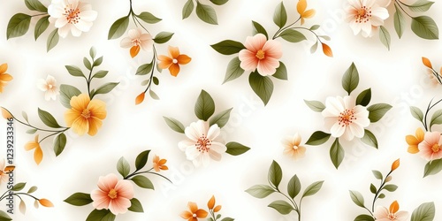 Elegant Floral Pattern with Soft Peach and White Flowers on a Light Beige Background Featuring Intricate Green Leaves and Delicate Petals