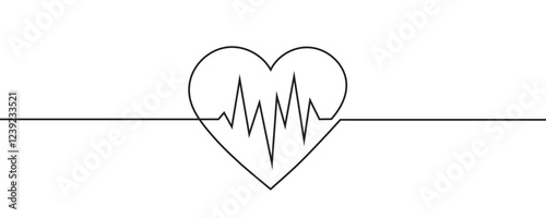 Continuous line drawing of heart with heartbeat. Pulse curve. One line drawing. Single line art. Vector illustration