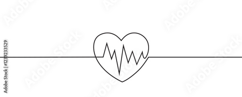 Continuous line drawing of heart with heartbeat. Pulse curve. One line drawing. Single line art. Vector illustration