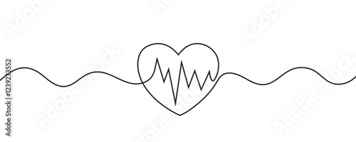 Continuous line drawing of heart with heartbeat. Pulse curve. One line drawing. Single line art. Vector illustration