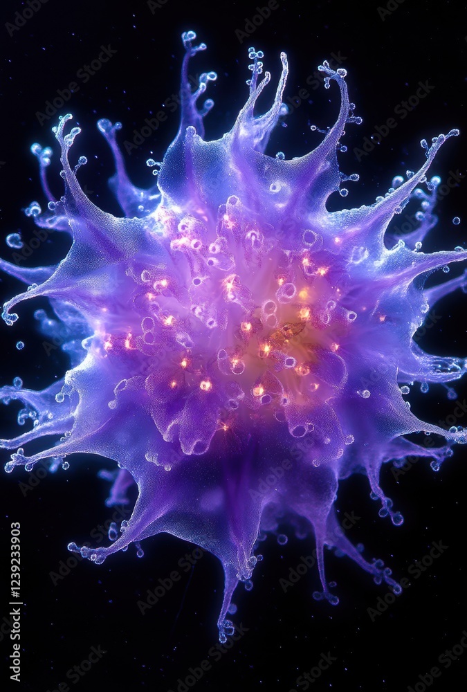 Obraz premium Colorful abstract representation of a cell with vibrant purple and orange hues surrounded by a dark background highlighting organic shapes and textures