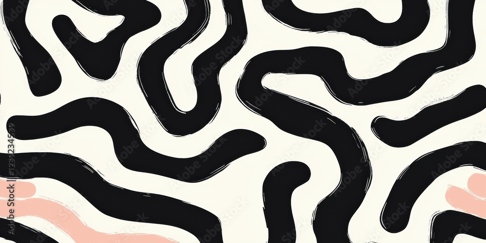 Abstract Art Pattern, Flowing Black Lines On Light Background, Modern Artistic Design Concept